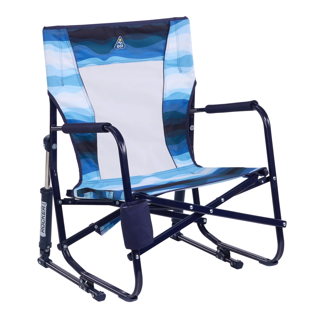 Luxury Camp Beach Rocker - Choice 712 - Heavy-Duty Kickback Rocker with Beverage Holder - Blue Beach Wave