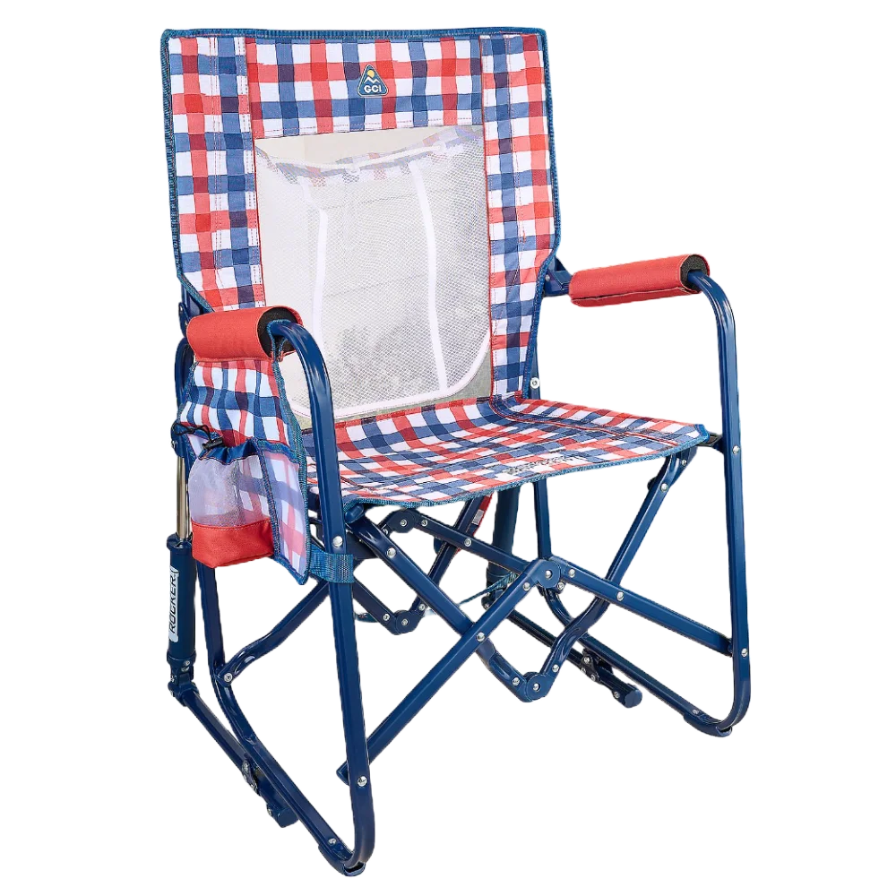 Patented Spring-Action Stowaway Rocker with Storage Pouch - Choice 573 - Freestyle Rocker Portable Outdoor Folding Chair - Patriotic Plaid