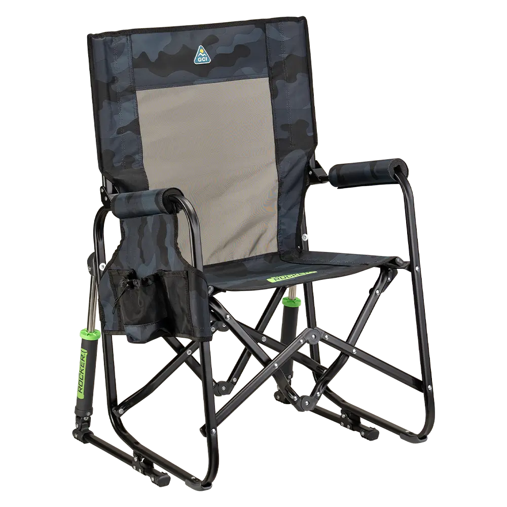 Luxury Camp Stowaway Rocker - Choice 794 - RoadTrip Rocker Smooth Motion Camp Chair - Stealth Camo