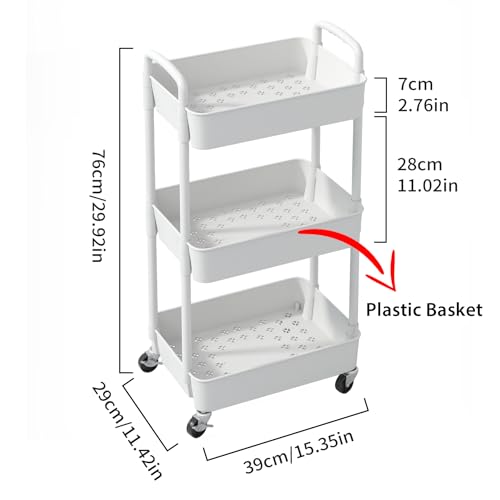 Modern Sywhitta 3-Tier Plastic Rolling Utility Cart with Handle, Multi-Functional