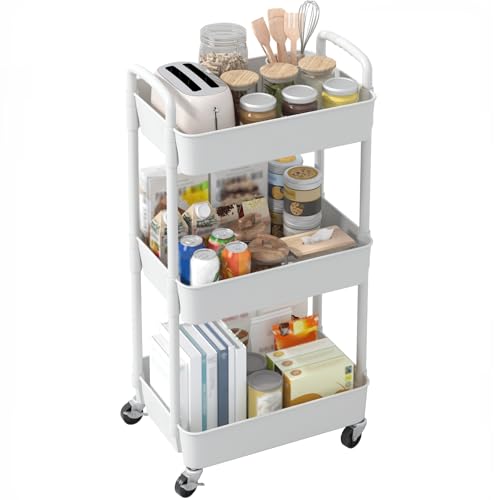 Modern Sywhitta 3-Tier Plastic Rolling Utility Cart with Handle, Multi-Functional