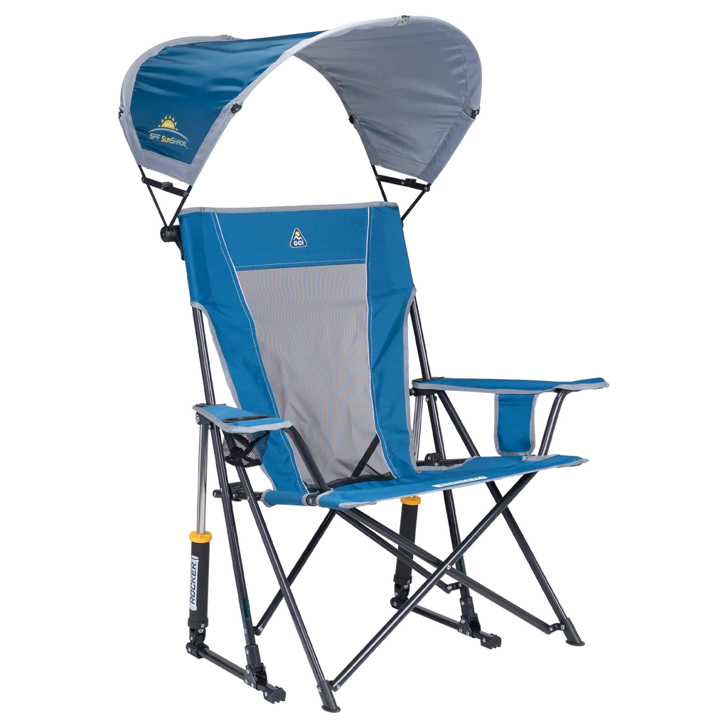 Smooth Motion SunShade Rocker - Choice 550 - Patented Spring-Action Rocking Chair for Camping - Neptune Blue