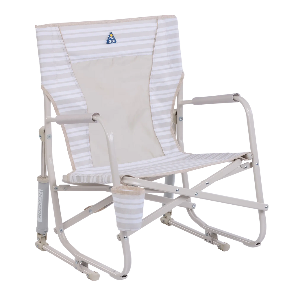 Luxury Camp Beach Rocker - Choice 712 - Heavy-Duty Kickback Rocker with Beverage Holder - Neutral Stripe
