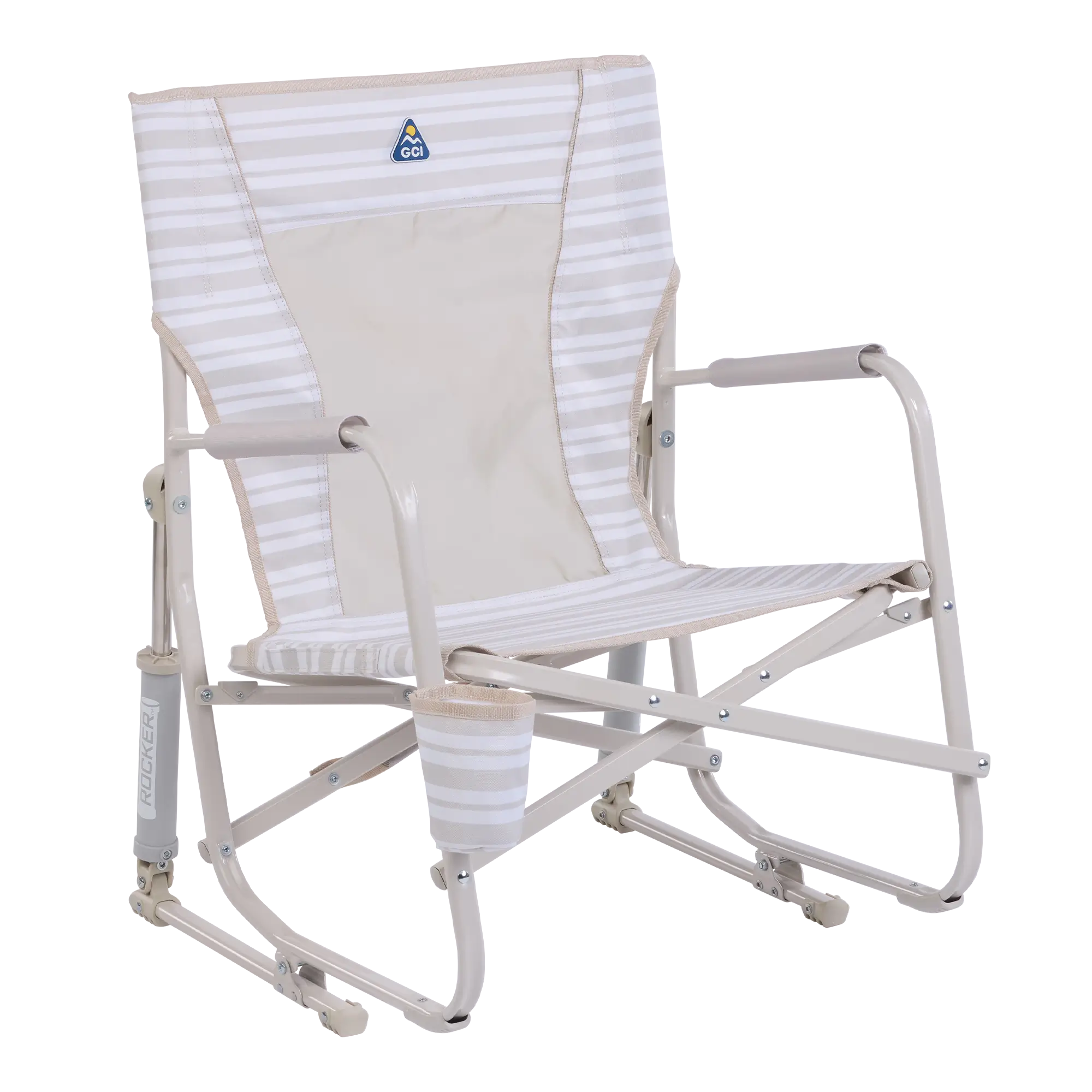 Luxury Camp Beach Rocker - Choice 712 - Heavy-Duty Kickback Rocker with Beverage Holder - Neutral Stripe