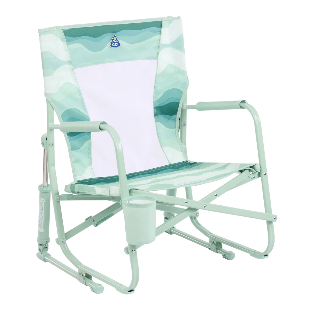 Luxury Camp Beach Rocker - Choice 712 - Heavy-Duty Kickback Rocker with Beverage Holder - Green Beach Wave