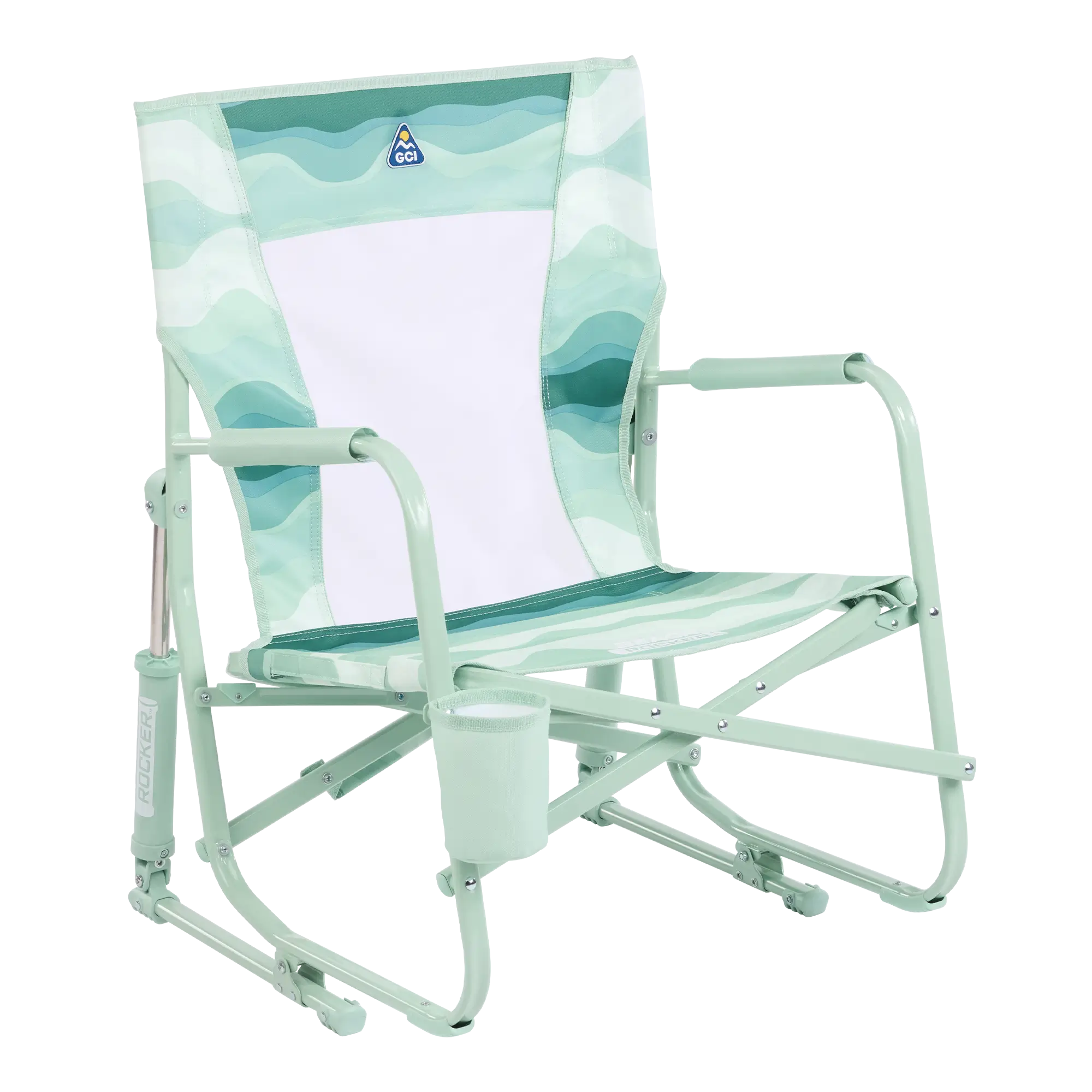 Luxury Camp Beach Rocker - Choice 712 - Heavy-Duty Kickback Rocker with Beverage Holder - Green Beach Wave