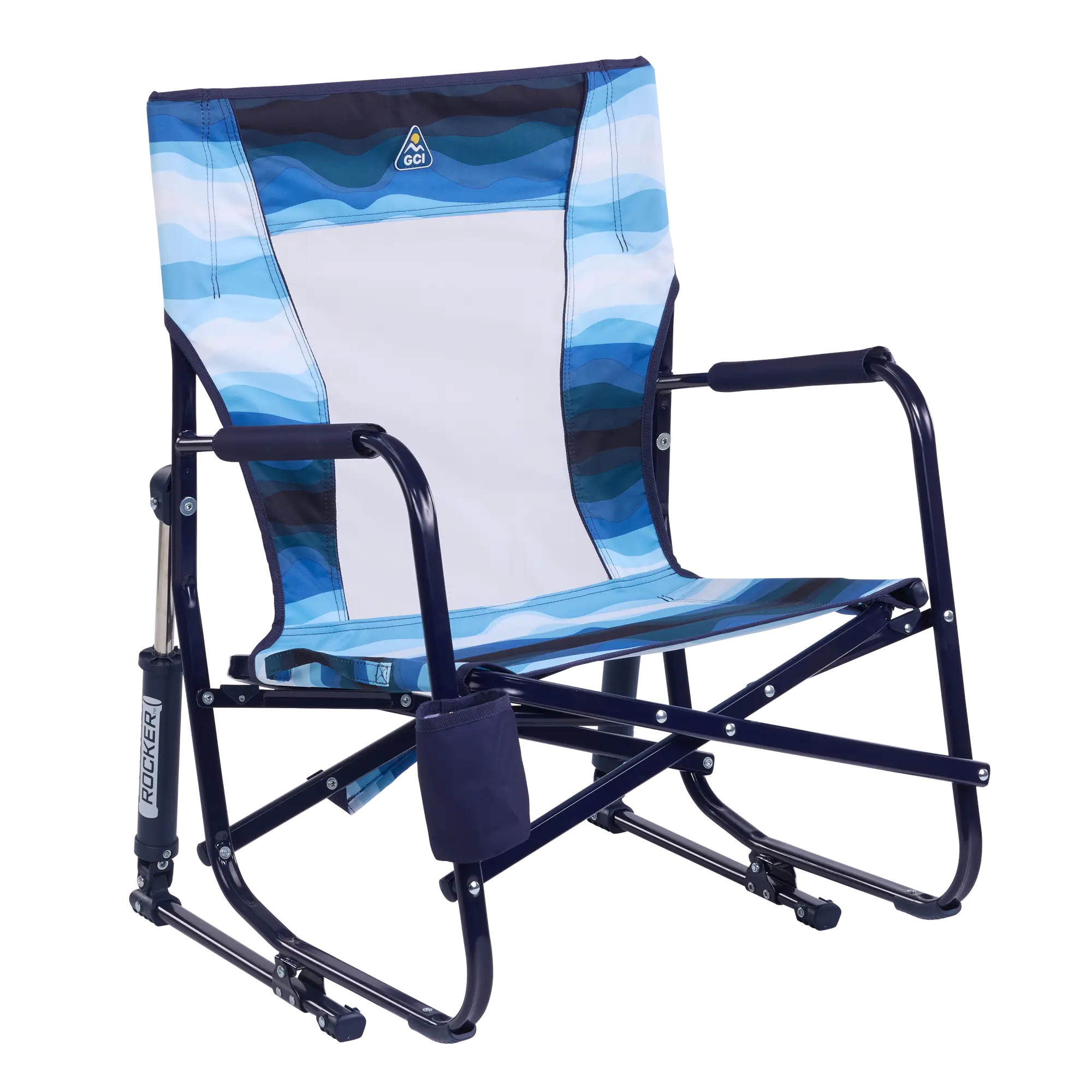 Luxury Camp Beach Rocker - Choice 712 - Heavy-Duty Kickback Rocker with Beverage Holder - Blue Beach Wave