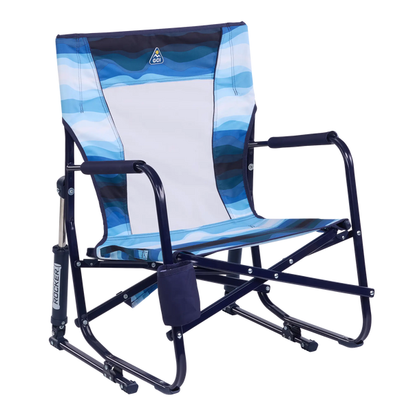 Luxury Camp Beach Rocker - Choice 712 - Heavy-Duty Kickback Rocker with Beverage Holder - Blue Beach Wave