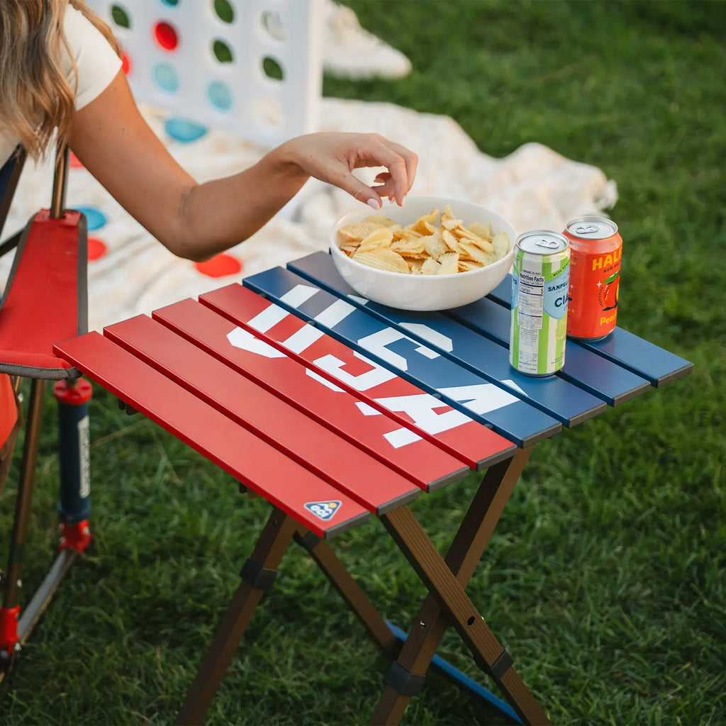 Heat-Resistant Compact Camp Table 20 - USA Anniversary Deluxe - Choice 757 - Portable Camping Table with Heat-Resistant Countertop Detail