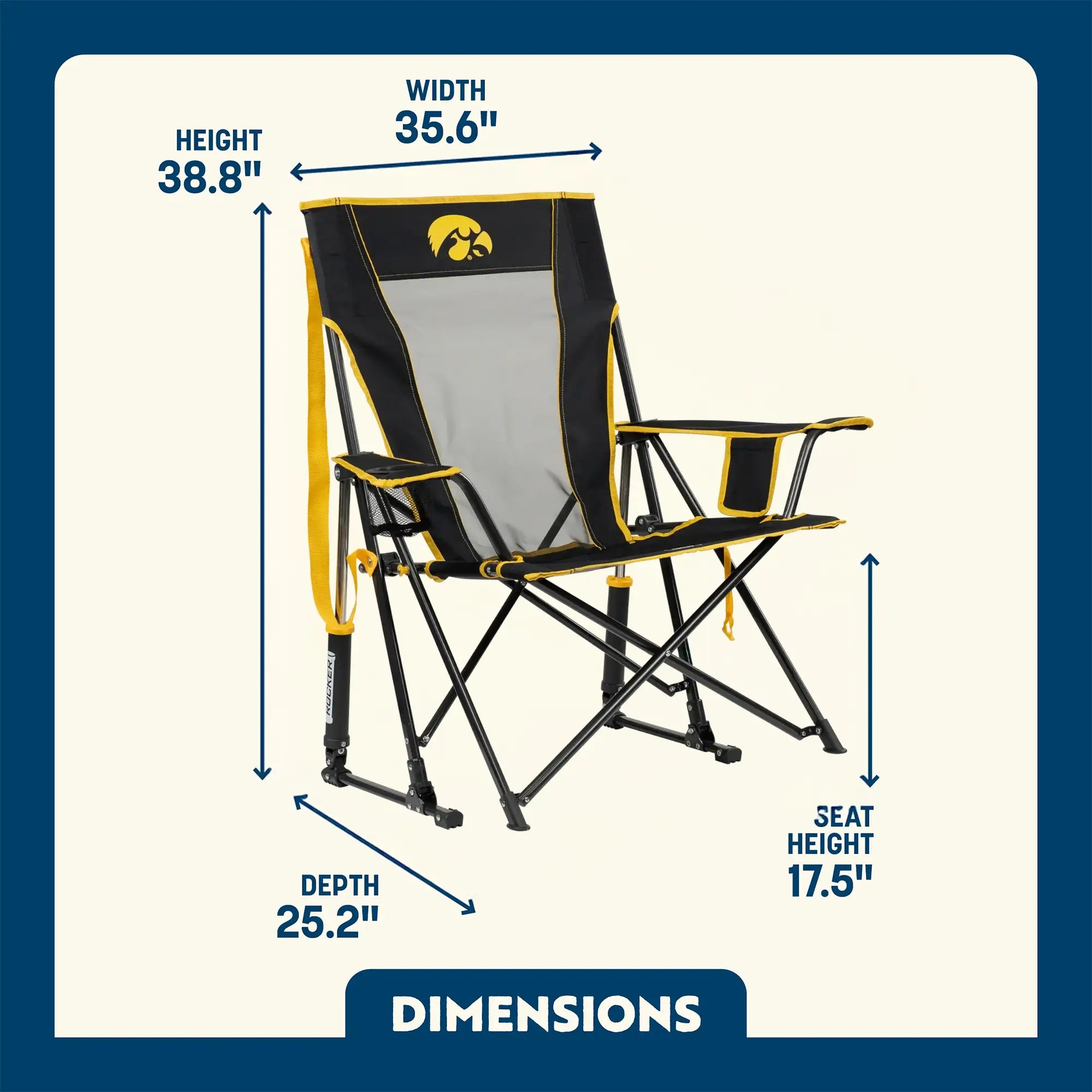 Heavy-Duty Freestyle College Comfort Pro Rocker - Iowa Hawkeyes - Choice 249 - Patented Spring-Action Rocking Chair for Camping Detail