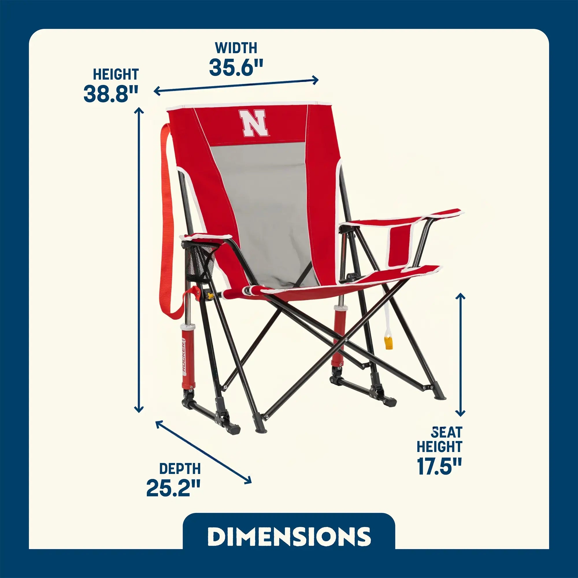 Premium All-Weather College Comfort Pro Rocker - Nebraska Cornhuskers - Choice 161 - RoadTrip Rocker Smooth Motion Camp Chair Detail