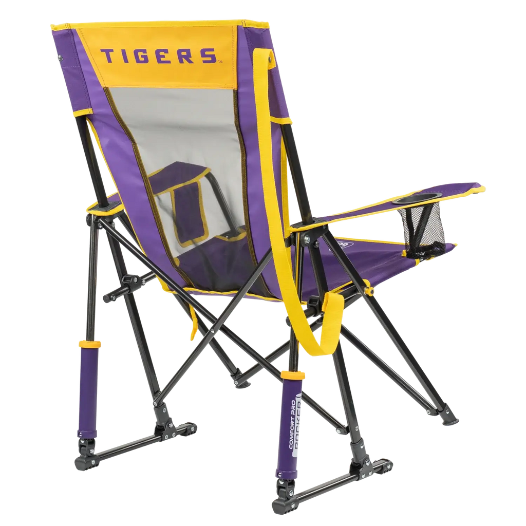 Luxury Camp College Comfort Pro Rocker - LSU Tigers - Choice 880 - Freestyle Rocker Portable Outdoor Folding Chair Detail