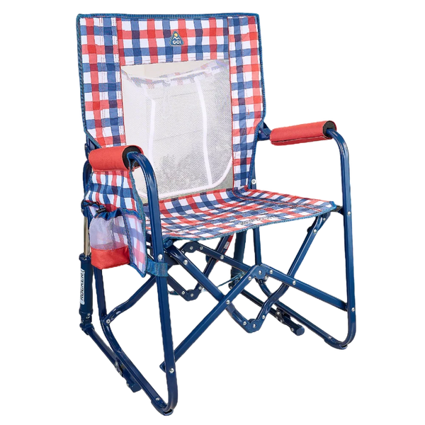 Patented Spring-Action Stowaway Rocker with Storage Pouch - Choice 573 - Freestyle Rocker Portable Outdoor Folding Chair - Patriotic Plaid